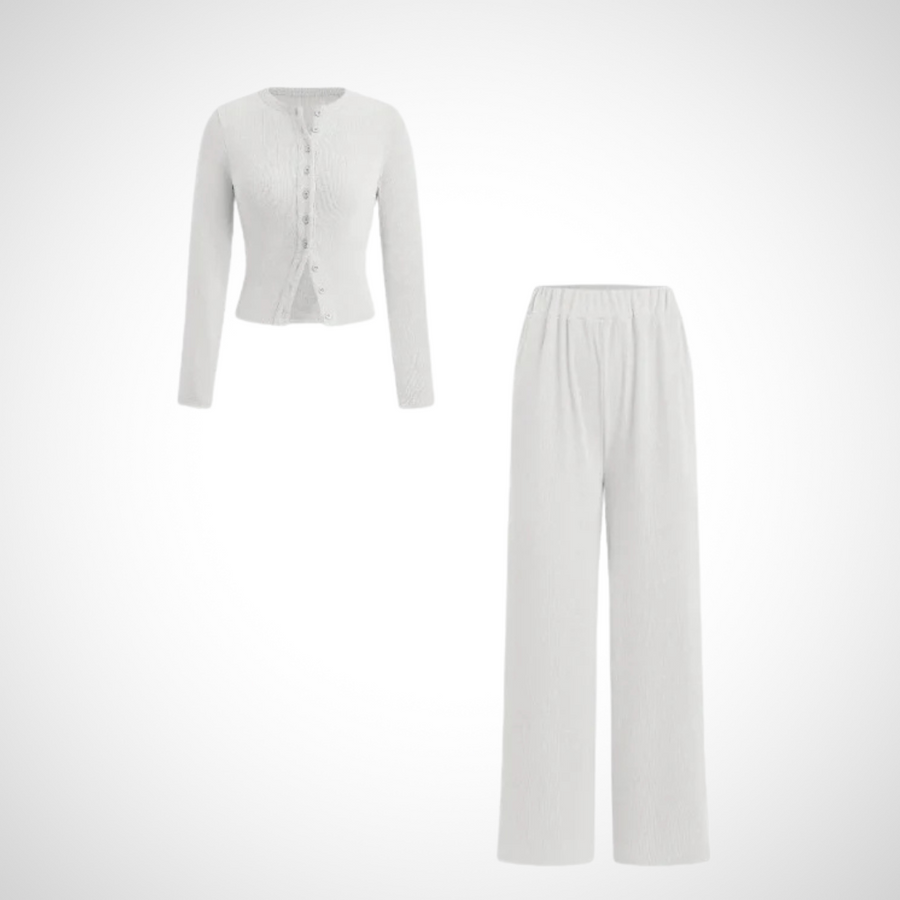 COLY™ - Comfy Button Front Long Sleeve Top and Pants Set