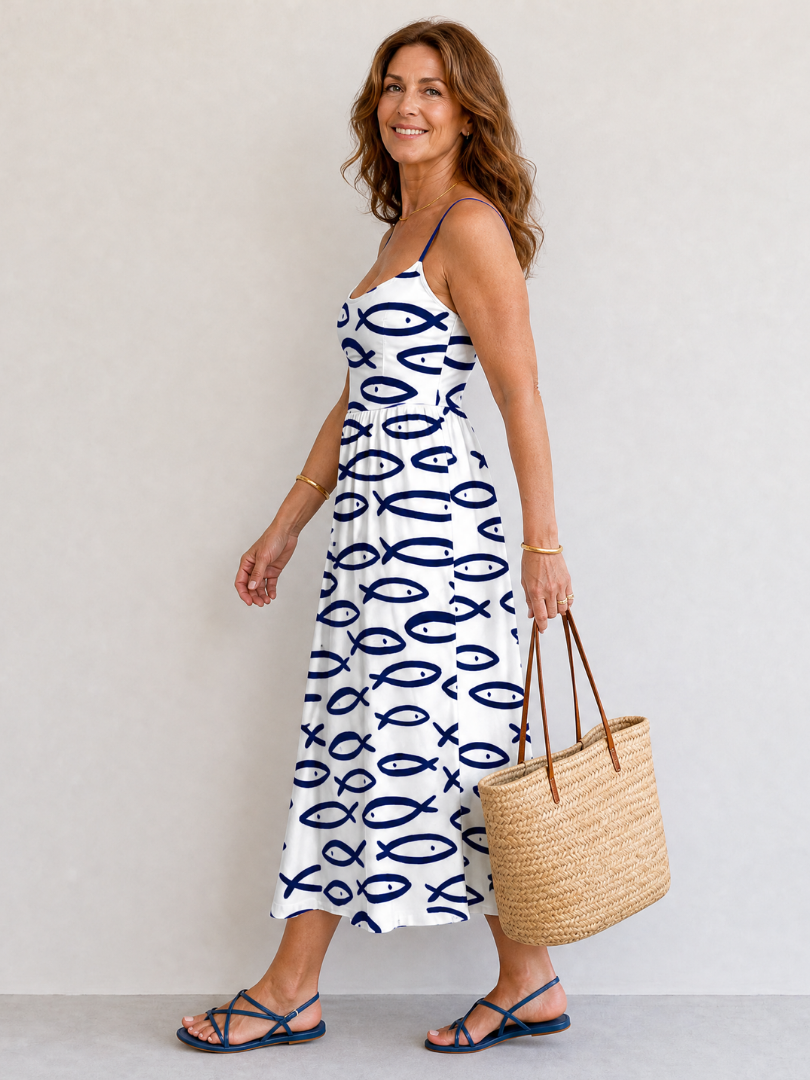 Thaloria | Fish Print Sleeveless Midi Dress