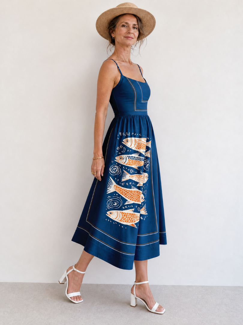 Calythene | Fish Print Sleeveless Midi Dress