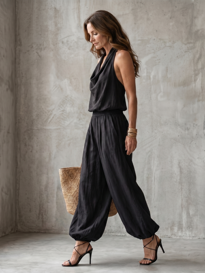 Yvaine | Drape Neck Fluid Top Wide Leg Set