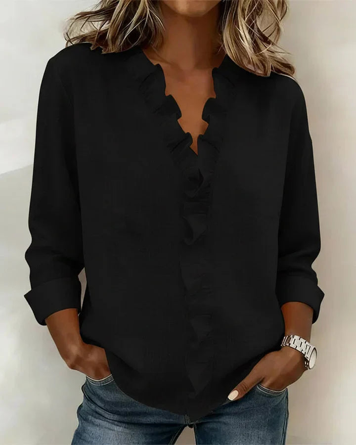 Susan | Blouse with Ruffles, V-Neck and Long Sleeves