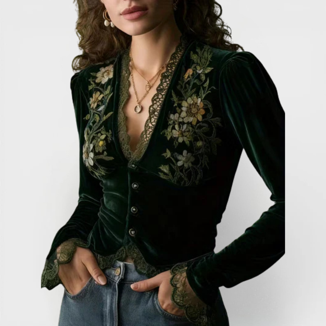 Nora  | Long-Sleeve Velvet Blouse with Embroidered Flowers