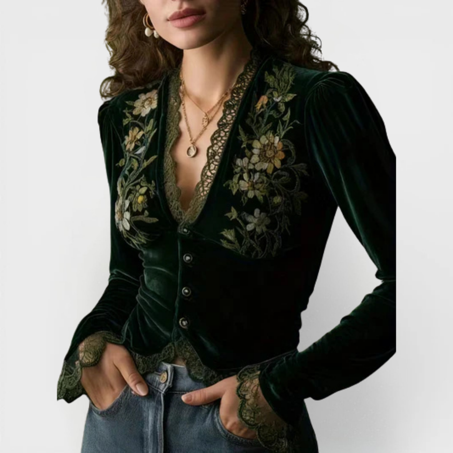 Nora  | Long-Sleeve Velvet Blouse with Embroidered Flowers
